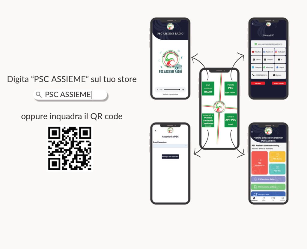 Schermate dell'app PSC ASSIEME su smartphone con QR code per scaricarla