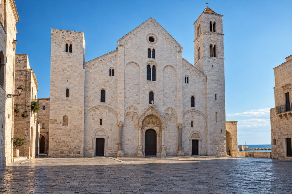 La facciata in pietra chiara della Basilica di San Nicola a Bari, con il sagrato vuoto
