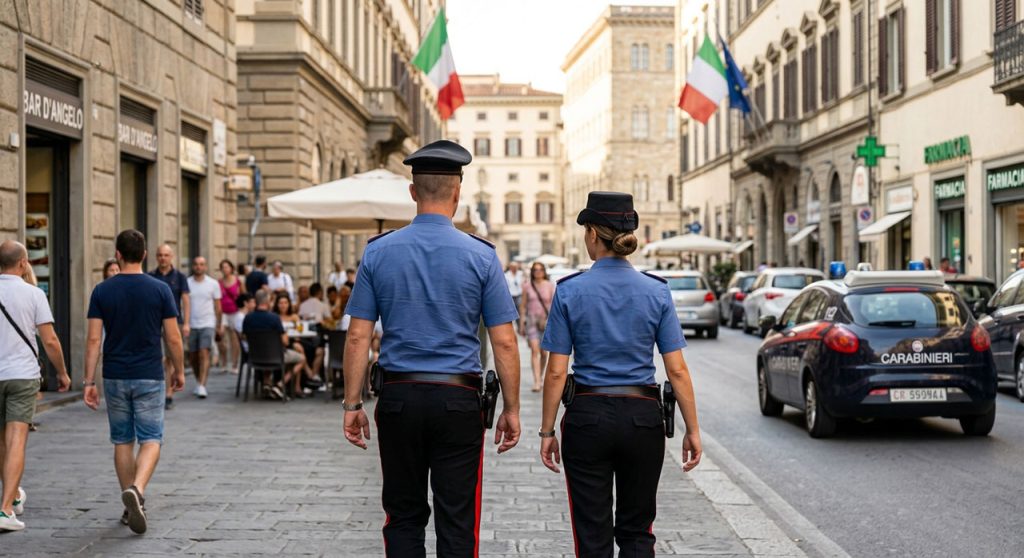 Due carabinieri di spalle in pattuglia a piedi accanto all'auto di servizio