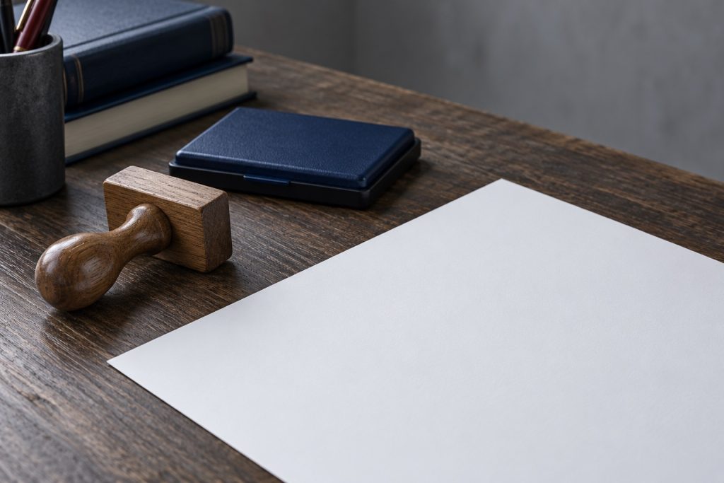 Timbro in legno accanto a un tampone d'inchiostro blu e a un foglio bianco su una scrivania