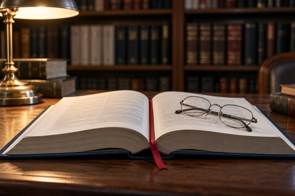Codice rilegato aperto con un segnalibro rosso e un paio di occhiali, in una biblioteca