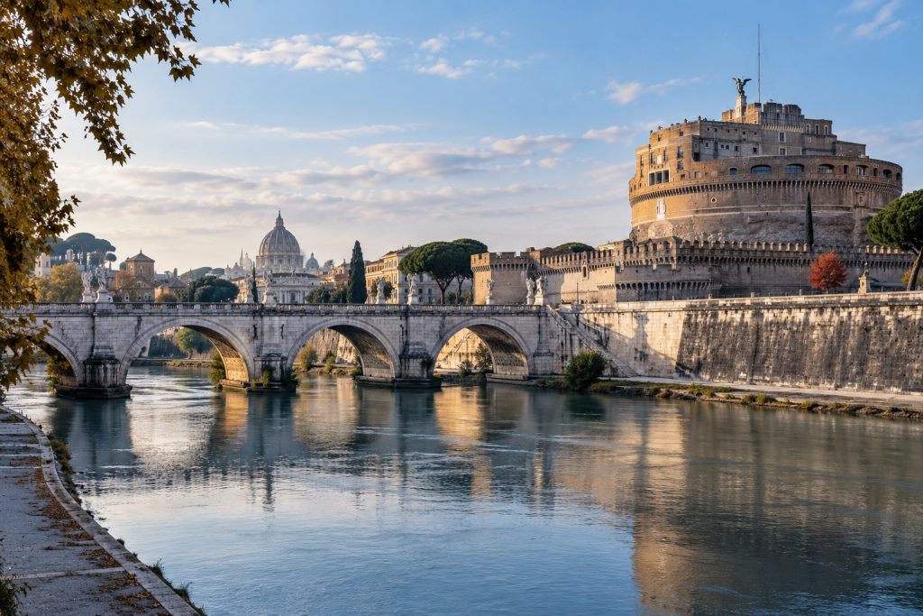 Il Tevere a Roma con il ponte di pietra, Castel Sant'Angelo e la cupola di San Pietro sullo sfondo