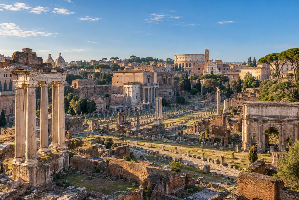 Il Foro Romano visto dall'alto, con colonne antiche, archi e il Colosseo sullo sfondo