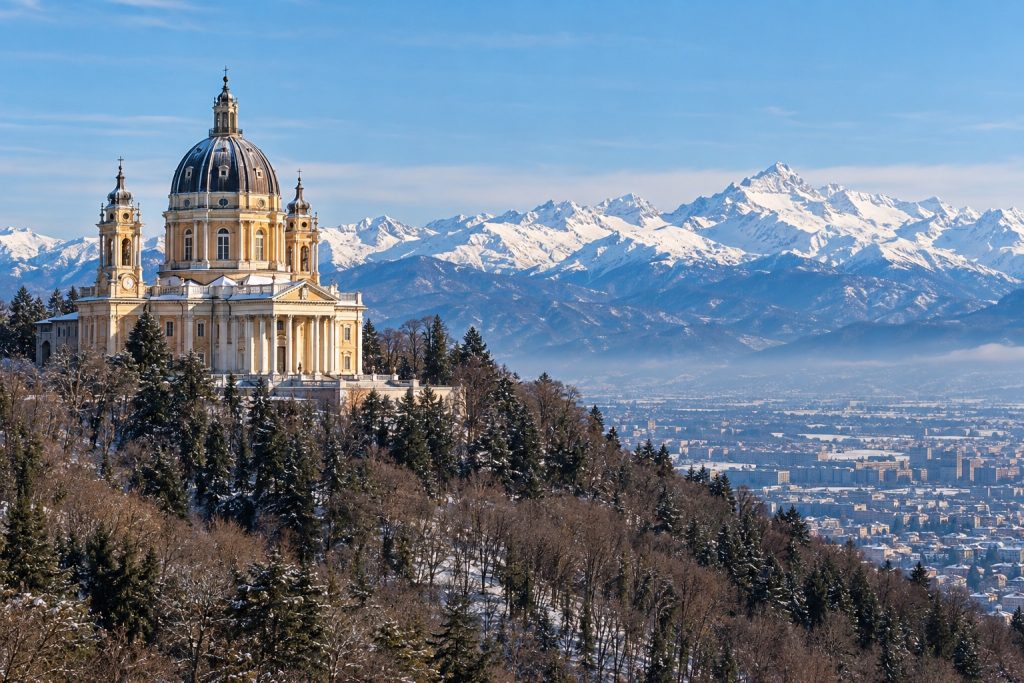 La Basilica di Superga sulla collina di Torino, con la città in basso e le Alpi innevate sullo sfondo