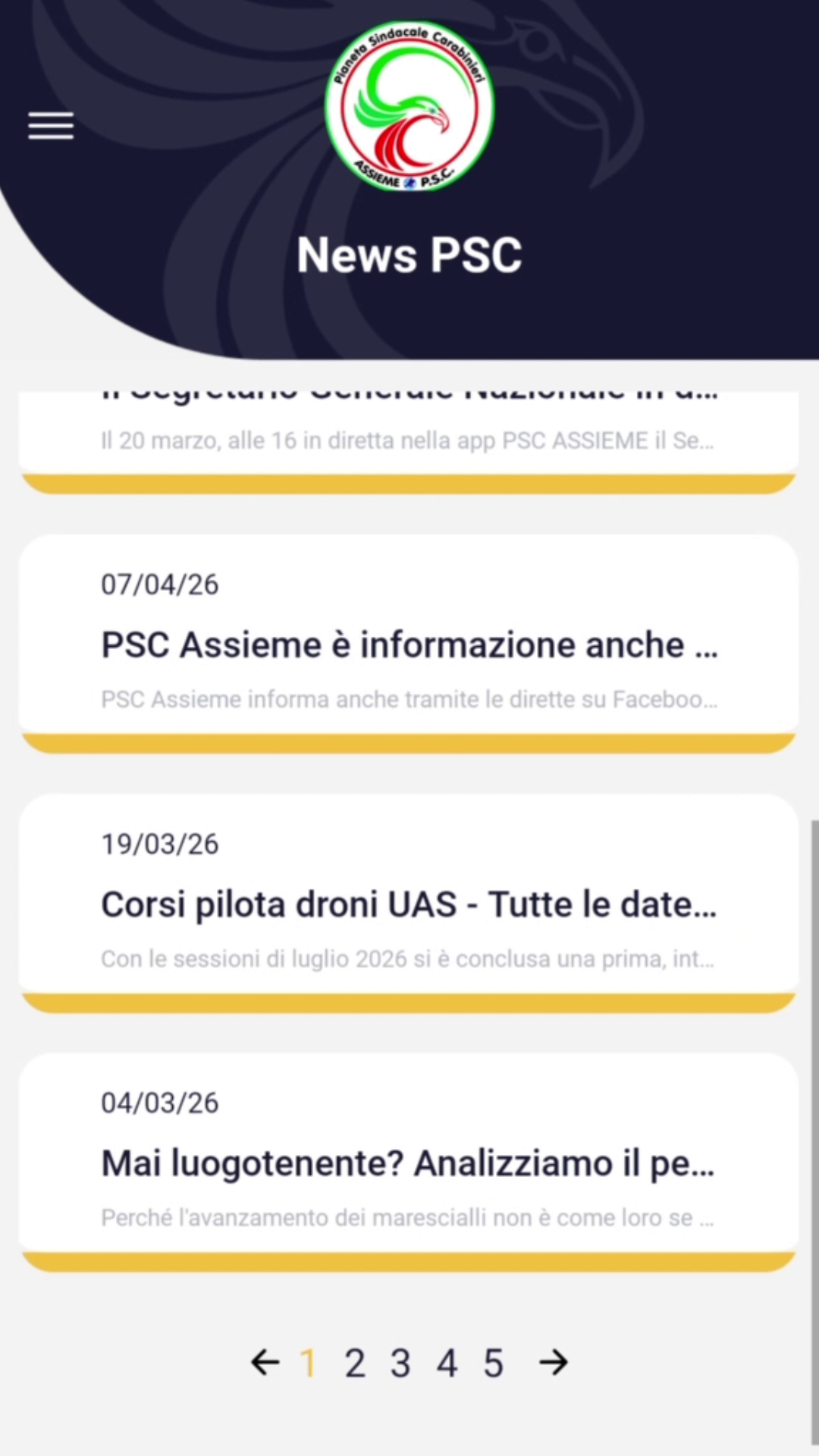 Schermata delle news PSC nell'app PSC ASSIEME