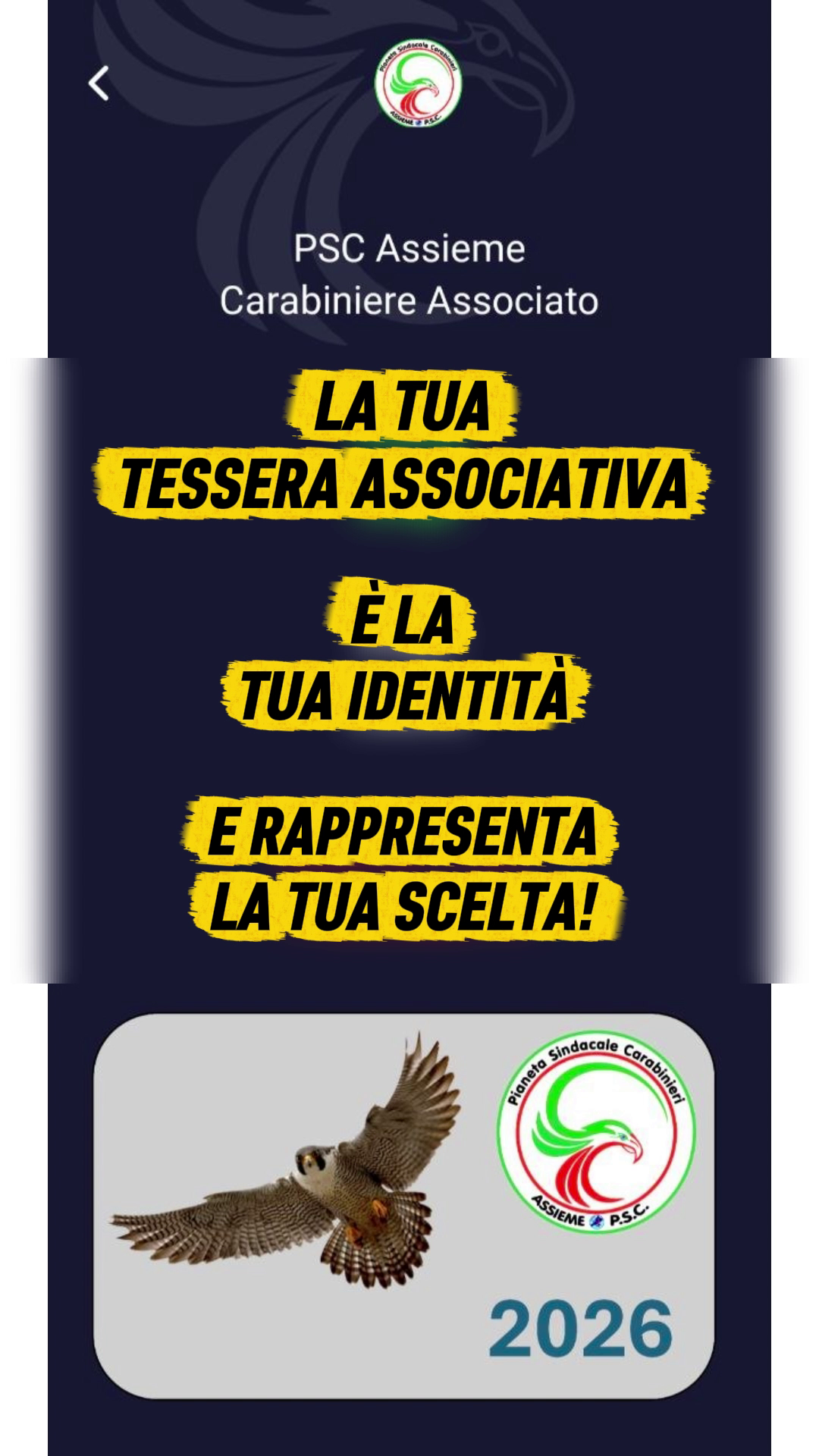 Tessera associativa PSC ASSIEME 2026 nell'app