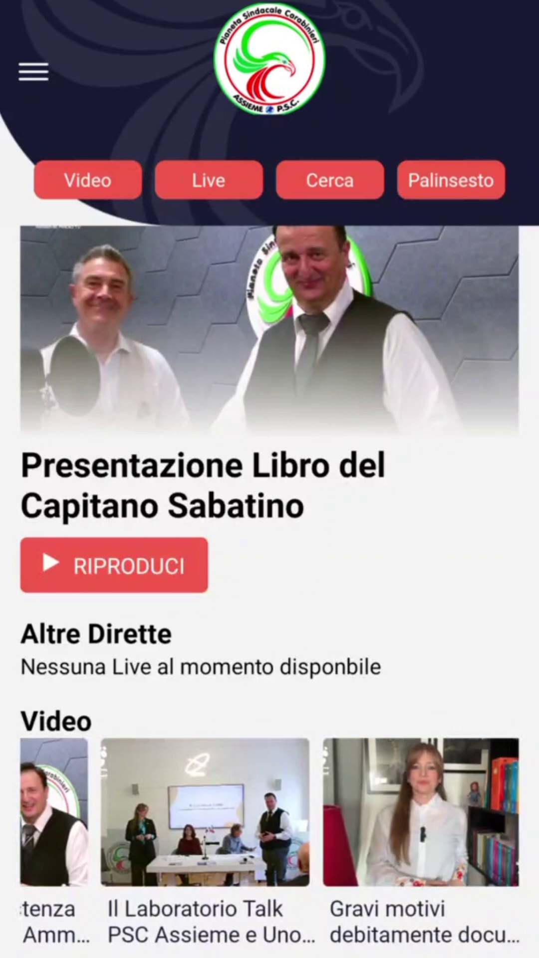 Schermata di PSC ASSIEME TV con i video delle dirette